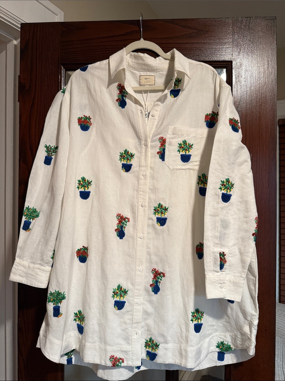 NWT SEZANE Women's White Button-Up Shirt Dress with Blue Potted Plant Embroidery